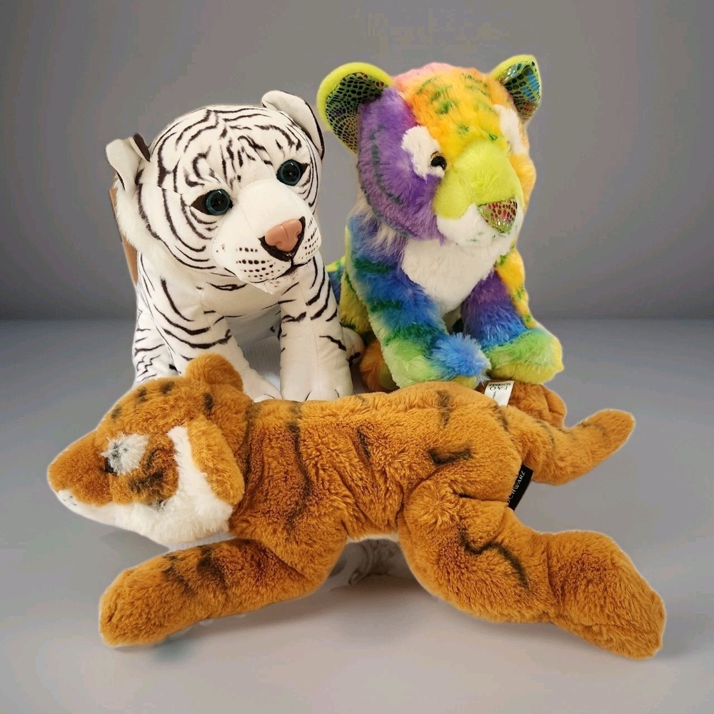 Lot 3 Tiger Cubs Plush Wild Republic Rainbowkins & White Tiger, + FOA Schwarz